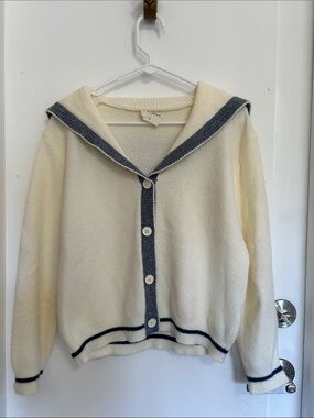 Sailor-Collar Knit Cardigan in Cream with Navy Trim